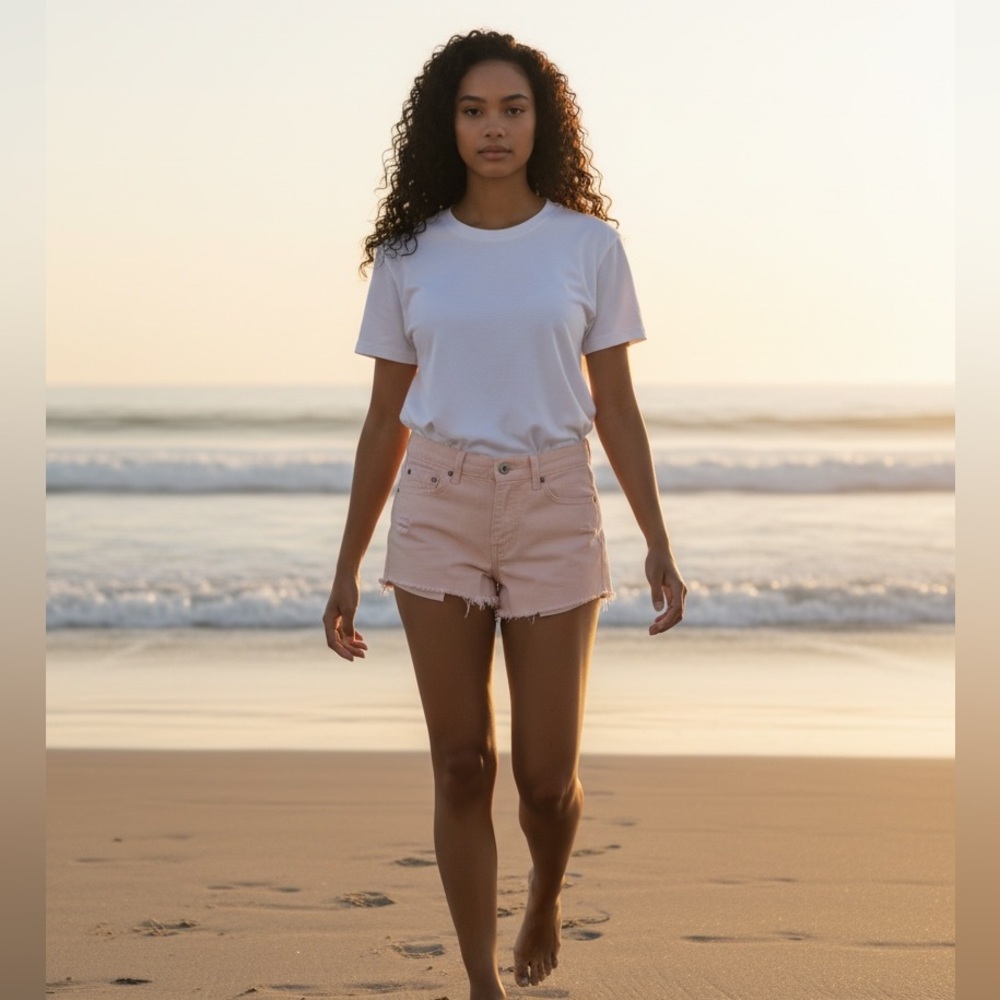 7 For All Mankind Cream Frayed Raw Hem Cut-Off Denim Shorts 28